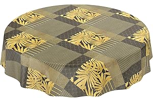 ANRO Mantel de hule lavable, para jardín, redondo, ovalado, rectangular, para interior y exterior, palmera, dorado, beige-gris, redondo, 140 cm