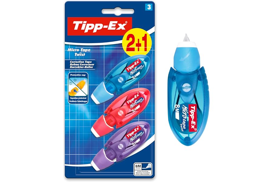 BIC Tipp-Ex Cinta Correctora de Bolígrafos, Óptimo para Material Escolar, Micro Tape Twist, 8m x 5mm, Con Cabezal Rotativo, B