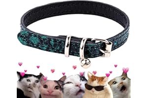 FAVPET Collar de Gato de Cuero Genuino, Collar de Gato con Campana, Collar de Gato Clásico, Collar de Gato Hecho a Mano, Collar de Gato Ajustable, Collar de Gatito, Collares de Gato de Cuero (Verde)