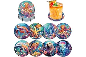 Lxmsja 8 Pcs Dessous de Verre Diamond Painting Vie océanique, sous Verre Diamond Painting, Diamant Peinture Dessous de Verre avec Support, pour Tasses, Verres à Vin, Vases et Cuisine Domestique