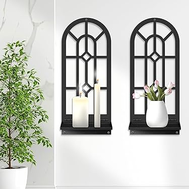 Juego De 2 Candelabros Negros Geométricos - Portavelas De Metal Con Vaso De Cristal - Decoración Moderna Para Mesa