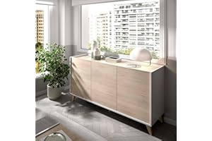 Dmora - Credenza Avez, Buffet da soggiorno, Madia moderna da salotto a 3 ante, 155x43h75 cm, Rovere e Bianco