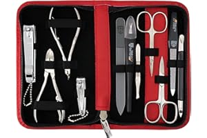 DREI SCHWERTER - Juego de manicura de 11 piezas de Alemania 'Spezia' | estuche de uñas en piel auténtica rojo | Contenido: tijeras para cutículas, tijeras para uñas, cortaúñas, cortaúñas, pinzas para