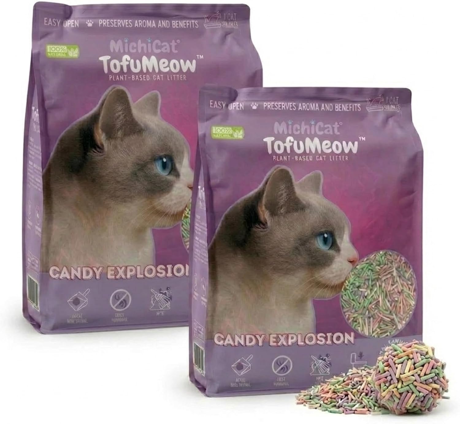 MichiCat Arena de Tofu para Gatos TofuMeow, 6 kg (2x3kg) Arena Aglomerante para Gatos Vegetal Biodegradable, Libre de Polvo, Control de Olores Avanzado, Desechable en WC