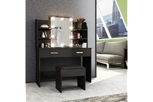 SHDFFHZ Dressing Table with LED Lights Mirror, Black Vanity Makeup Table Set with 2 Drawers 6 Shelves, Modern Makeup Cosmetic Dresser Table Stool for Girls Women, Bedroom Furniture