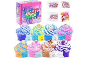 Thedttoy Butter Slime Kit Paquete de 8 con Decoraciones, Mantequilla Fluffy Slime para niñas niños, Supersuave y Antiadherente Juguetes de Masilla Slime, Cumpleaños Navidad Regalo para niños niñas