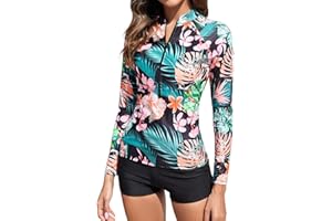 TERODACO Half Zip Women Rash Vest Built in Bra 2 Piece Womens Swim Shorts and Top Set UPF50+ Long Sleeve Ladies Swimsuit Surfing Rash Guard,Quick Dry Soft Stretchy