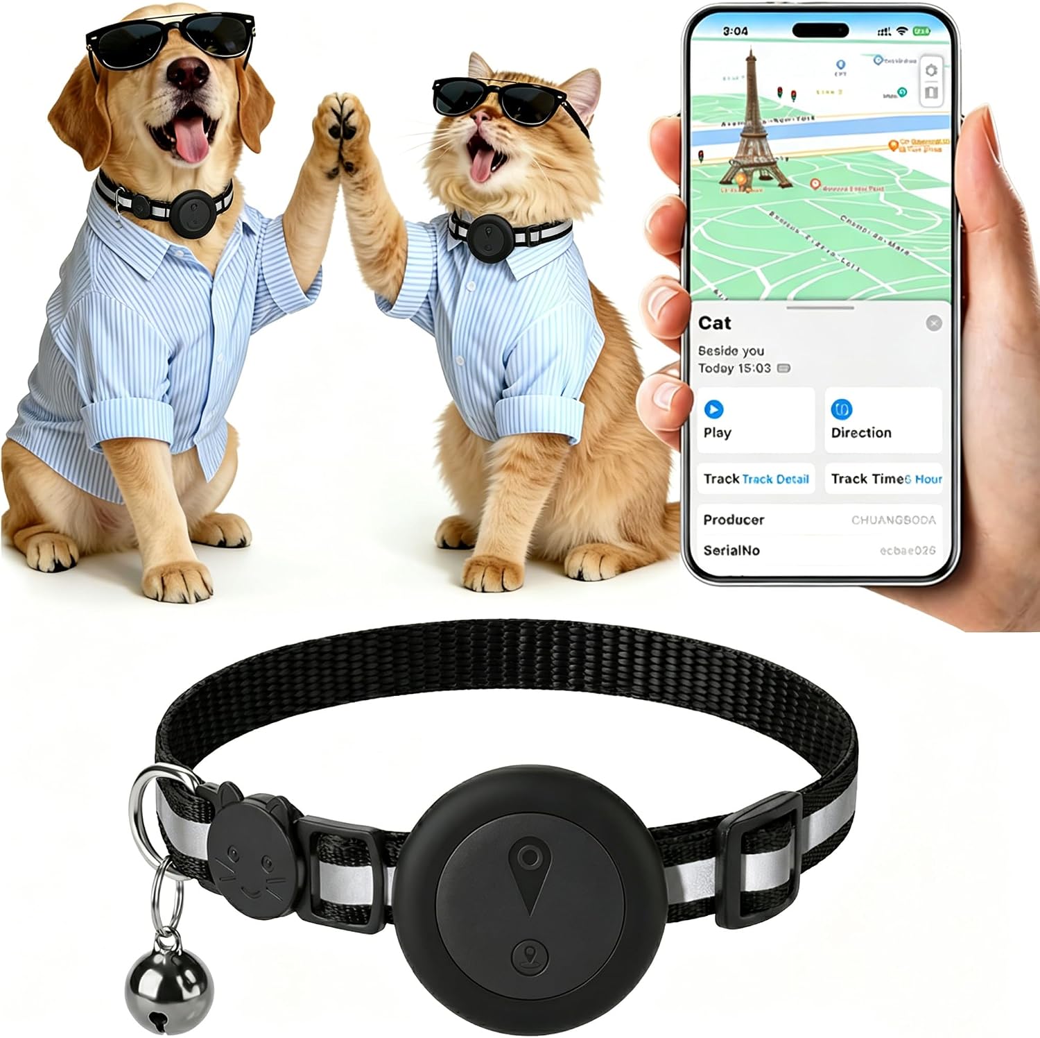 Collier GPS Chat 2-en-1,Collier GPS pour Chien Réfléchissant,Suivi en Temps Réel Et Fonctions Anti-Perte,sans Abonnement,iOS/Android,Collier Réglable avec Grelot,Adapté Aux Petits Chiens/Chats-Noir