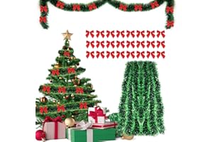 AN-WATTY Guirnalda Navidad 10m + 24pcs Lazos Arbol Navidad Rojos, Grinalda Natal, Christmas Garland, Espumillón Verde Grueso, Decoración Navideña Guirnalda para Interior y Exterior, para Puertas Escaleras