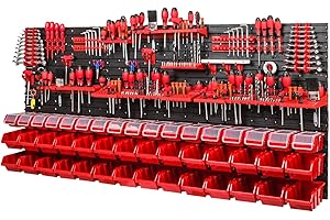 PAFEN Tool Wall Storage System, 1728 x 780 mm, Perforated Wall Set with Tool Holders and Red Stacking Boxes with Lid, Wall Shelf, Workshop Shelf, Pour Shelf, Visual Storage Boxes