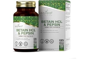 ‎EZYLEAF NUTRITION Ezyleaf Betain HCL Pepsin 680mg | 120 Vegane Betaine HCL Kapseln | Betainhydrochlorid mit Pepsin | Verdauungsenzyme | Ohne künstliche Inhaltsstoffe | ISO-Zertifikat, Gluten- & Gentechnikfrei | Aus GB