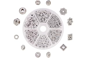 PandaHall Elite 216pcs 6 Styles Perles Intercalaires Perles Espacees Perles d'Espacement en Alliage de Style Tibétain Accessoires de Bijoux Collier Bracelet, Argent Antique