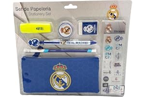 CYPBRANDS Real Madrid, Set de Papelería, Portatodo, Lápiz, Goma, Sacapuntas, Bolígrafo, Subrayador, Pegatinas, Color Azul, Producto Oficial