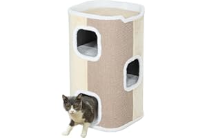 PawHut Kratztonne 74 cm Hoch dreistöckige Katzentonne mit Kissen, Plüschrand, Katzenhöhle, Kratzbaum für kleine Katzen, Beige+Weiß