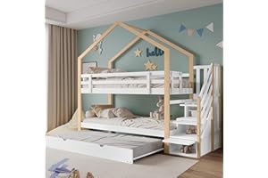 Rtopsu Letto per Bambini a Castello 90x200 cm con Letto Estraibile, Letto a Soppalco per Ragazzi con Scale e Contenitore Cassetti, Rete a Doghe in Legno, Bianco, Senza Materasso