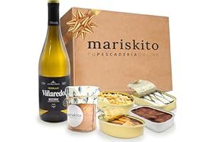 MARISKITO | Caja Gourmet para Regalar – Pack de 5 Conservas Gallegas y Botella de Vino Godello Viñaredo – Lotes Navidad, Aniversarios, Celebraciones - La Mar de Especial