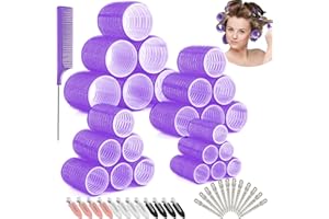 Aotfusd 49 Pièces bigoudis Cheveux, Rouleaux Cheveux, Boucles Sans Chaleur, Grands Petits Rouleaux Cheveux, 24 Pinces Cheveux Pour Salon Coiffure Longs, Moyens Courts 60/45/36/25 mm (Violet)