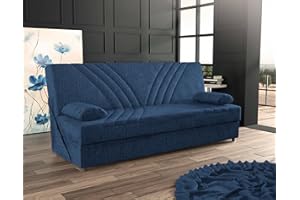 Dmora Letto 3 posti Ramon, Divano Contenitore 2 Cuscini Inclusi, Sofà da Soggiorno in Tessuto con Apertura Click-clack, 181x81h88 cm, Blu, Pannello melaminico, Blue Jeans
