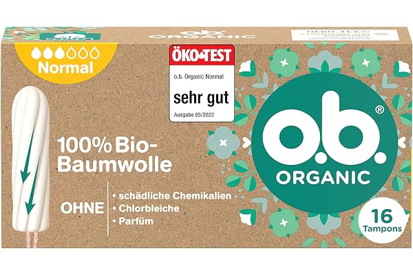 o.b. Organic Normal (16 pièces), tampons 100% coton bio avec rainures incurvées pour les jours moyens/forts, évalués « très bien » par le test écologique*, pour une protection fiable pendant les