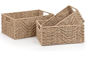 woodluv Woven Wicker Storage Baskets, Paper Rope Storage Boxes, Drawer Closet Shelf Dresser Basket, Storage Baskets for Shelves, Set of 3, Khaki