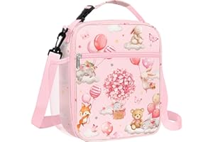 Clastyle Różowy balon na gorące powietrze zwierzęta izolowana torba na lunch dla dzieci, przenośna duża termiczna torba na lunch dla dziewcząt, szkolna torba na lunch z uchwytem na butelkę