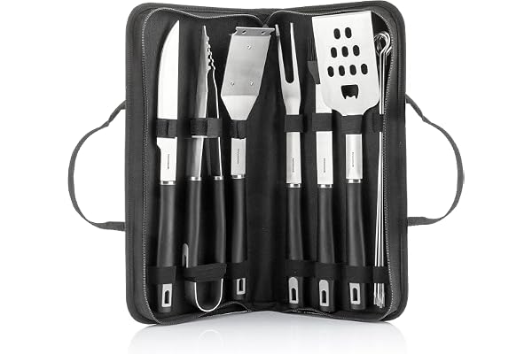 InnovaGoods - Kit d'Ustensiles Barbecue 12 Pièces en Acier Inoxydable, Mallette de Transport, Poignées Anti-Brûlures, Facile à Nettoyer, Noir, Acier