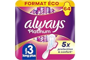 Always Platinum Serviettes Hygiéniques, Taille 3, Day & Night, 64 Serviettes Avec Ailettes, Flux Abondants Jour et Nuit, Format Eco, Douces et Flexibles, Super Absorbantes et Ultra Fines