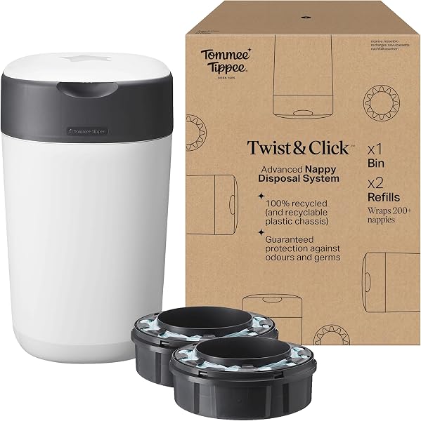 Tommee Tippee Twist & Click Nappy Bin, Exclusive Pack with 2 Refill Cassettes (1 Pre-Loaded, 1 Extra), Guaranteed Odour & Germ Protection, Large Capacity, Pack May Vary - 1