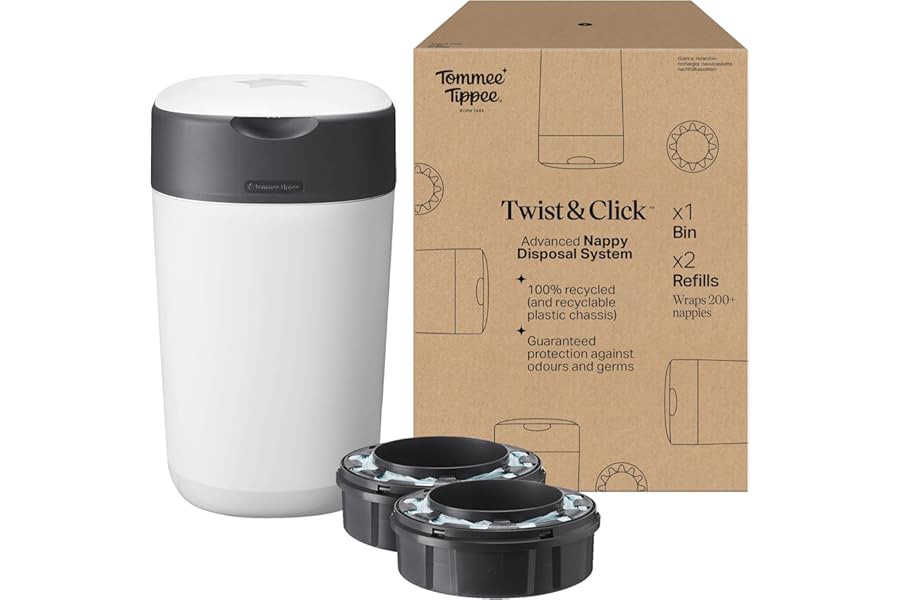 Tommee Tippee Twist & Click Nappy Bin, Exclusive Pack with 2 Refill Cassettes (1 Pre-Loaded, 1 Extra), Guaranteed Odour & Germ Protection, Large Capacity, Pack May Vary