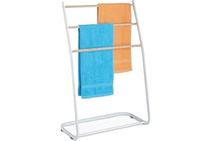 Relaxdays Handtuchhalter stehend, Metall, 3 Sprossen in Holzoptik, Handtücher & Kleidung, HxBxT: 87 x 58 x 29,5 cm, weiß
