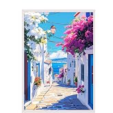 Zestia Beyaz &Ccedil;er&ccedil;eveli Tablo, Yunan Adası Sokak Manzarası, Balkon Dekoru Poster No: 111245 50 x 70