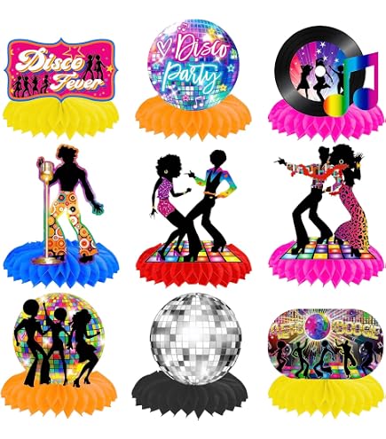 Deko Tisch WUIOWPPIC 9 Stück Disco Aufsätze Geburtstag Bienenwabe Disco Party Tischaufsätze Disco Beat Und Rock N Roll Party Deko Hip Hop Tisch Deko Für 70er 80er Geburtstag Party Deko Deko Discokugel