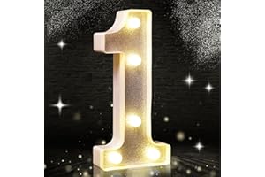 ASLANKA Lumière LED en forme de chiffre 1 à paillettes argentées, convient pour décoration de fête d'anniversaire, fête prénatale, arrière-plan de mariage, décoration d'intérieur, 21,6 cm (blanc chaud)