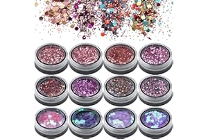 LABOTA Festival Glitzer Gesicht für Festliche Verkleidungen,12 Glitzer Set,Glitzer Sequin Chunky Glitter für Gesicht Nägel Augen Lippen Haare Körper, Make-Up Glitzer Paillette