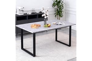 AINPECCA 150cm Dining Table- Rectangle Marble Effect Grey Top with U Shape Metal Black Legs for 4-6 Seaters Home Kitchen