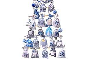 HOECMRHP Adventskalender zum Befüllen Stoffbeutel, 24 stoffsäckchen Kette zum selber Basteln und Aufhängen, 2025 Weihnachtskalender zum selbst füllen mit Blau Grau Stoff Säckchen für Kinder junge männer