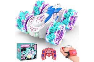 Qryselen Ferngesteuertes Auto, 2,4 GHz, RC-Autos mit LED-Leuchten, doppelseitiges Offroad-360°-Rollen, wiederaufladbares 4WD-RC-Stunt-Auto, Indoor-Outdoor-Spielzeug für Kinder von 6–13 Jahren (Rosa)