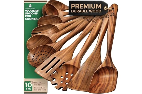 Träskedar för matlagning, set med 10 matlagningsredskap i teak-trä – köksredskap i trä för non-stick-pannor och köksredskap – robusta, lätta och värmebeständiga
