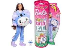 Barbie Cutie Reveal Seria Kostiumy Zwierzaczki Lalka w kostiumie króliczka przebranego za koalę z 10 niespodziankami, w tym zmianą koloru, HRK26