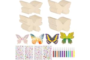 ZACUDA 48 PCS Mariposas de Madera Inacabadas con 12 Lápices de Acuarela y 4 Pegatinas Autoadhesivas de Piedras Preciosas Juego de Manualidades de Mariposas Mariposas Rodajas Madera para DIY Pintar