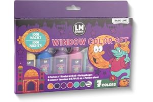 LM-KREATIV LM-Creativ Kit Peinture Fenêtres – Mille et Une Nuits, 7 couleurs (22 ml), dont contour noir, 14 modèles, pour décorations créatives et loisirs créatifs, idéal aussi pour le Ramadan