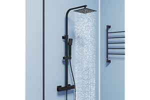 Biubiubath Thermostatic Shower Mixer Set | Dual Rainfall Shower Heads & Hose | Wall Mounted Bar Mixer Shower Chrome Finish | Adjustable Shower Riser Rail Kit (Matte Black)