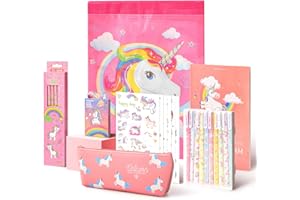 Anyfirst 37 Pz Einhorn Schreibwaren Geschenk Set, Einhorn Stifte Set Inklusive Kordel Lagerung Taschen, Sticker, Notizbuch für Mädchen 6-11 Jahren, Rosa