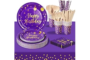 PYAILI Vaisselle Anniversaire Or à Base Violette, 24 invités Vaisselle de fête Assiette en Papier Gobelet en Papier Pour les Fêtes, Mariages, Fêtes de Remise des Diplômes, Assiettes de Fête