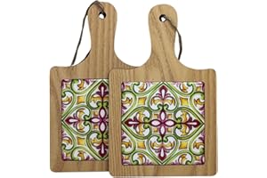 ChicHouse Set 2pcs mini taglieri da cucina in legno con manico ideali per piccoli antipasti, formaggi, salumi o come salva superfici e sottopentola. (2, Rosa e Verde, Quadrato 19.6 x 12.3 x 1 cm)