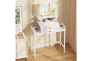 OYRREU Schminktisch mit LED Beleuchtung und Spiegel, Kleiner Kosmetiktisch mit 2 Stoffschubladen, Einstellbare Helligkeit und Farbtemperatur, Makeup Vanity Table Dressing Table (70x31.5 cm, weiß)