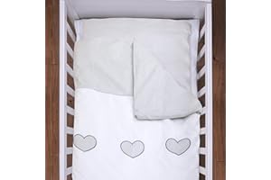 BABY COMFORT 4 Piece 120x90 cm Duvet & Cover with Pillow & Pillowcase Bedding Set for Baby Cot (Heart Grey)