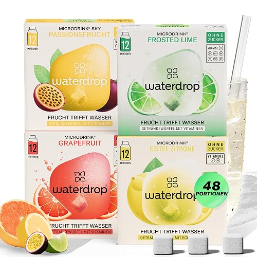 Waterdrop® Microdrink Tropical Mix, 48 Waterdrop Drops Cubes, 4 Fruity Varieties Including Iced Tea Lemon, Sugar-free Drink Powder, Flavour for Water, Low Calorie and Valuable Vitamins