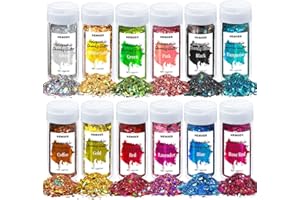 HEMOER 12 Couleurs Holographique Paillettes, 144g Paillettes pour Visage, Qualité Cosmétique Paillettes pour Corps, Cheveux, Résine époxy, Art de fête du festival et plus -12g/Bouteille