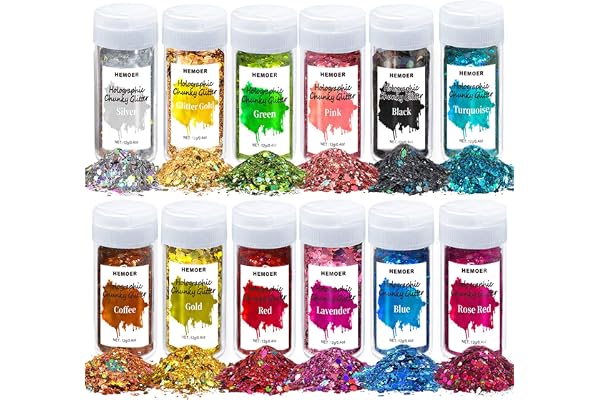 HEMOER 12 Couleurs Holographiques Paillettes, 144g Paillettes pour Visage et Corps, Qualité Cosmétique, Cheveux, Résine Époxy, Art de Fête et Festival -12g/Bouteille